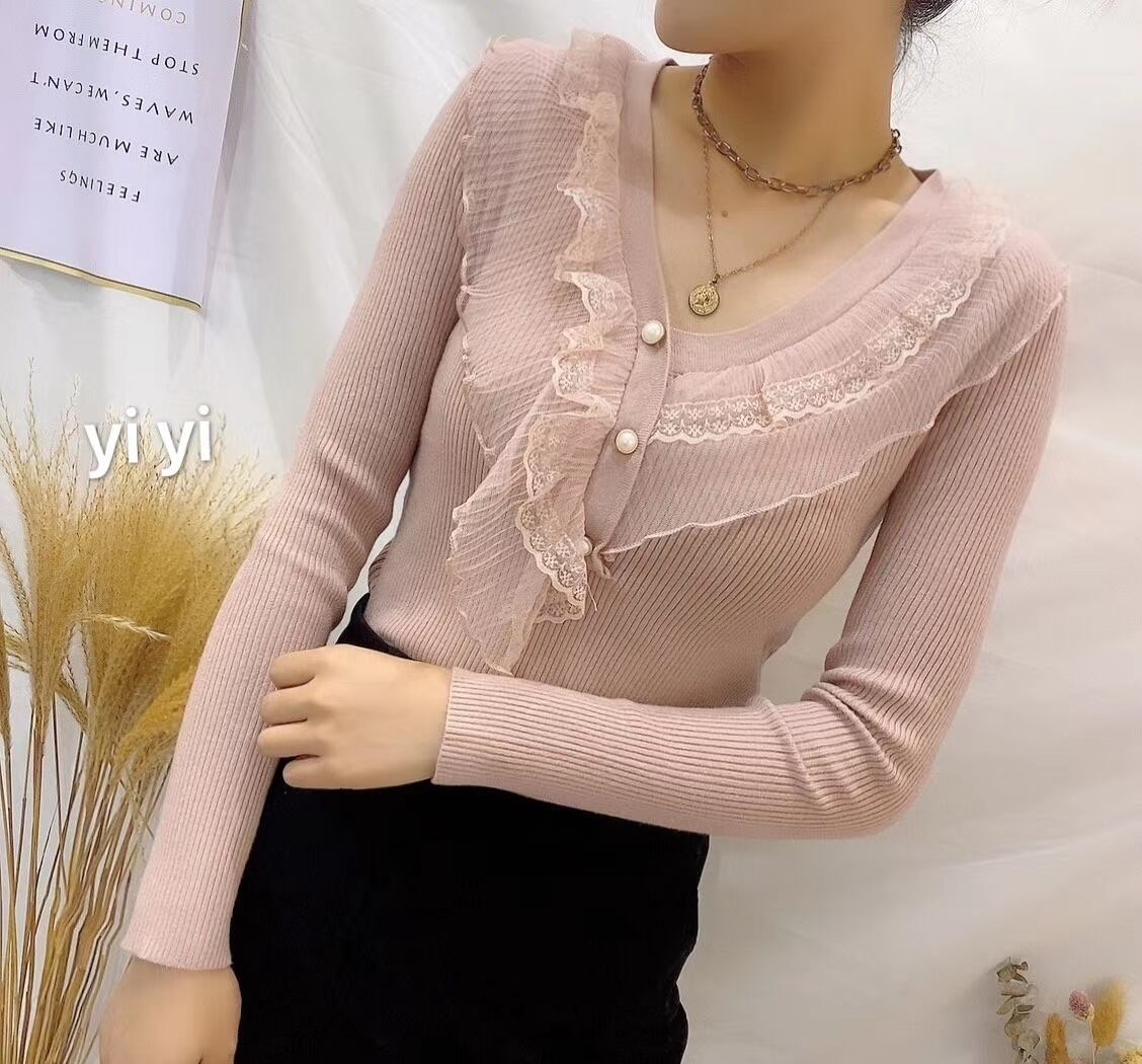 パールボタン　レースフリルリブニット　　AJ111-887