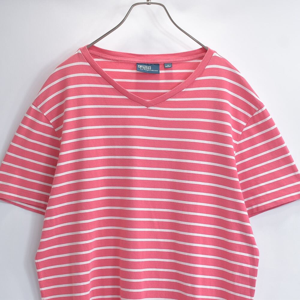 Polo by Ralph Lauren ラルフローレン ポニー刺繍 Vネック ボーダー 半袖Tシャツ レッドピンク USED ヴィンテージ ビンテージ 古着 メンズ L相当