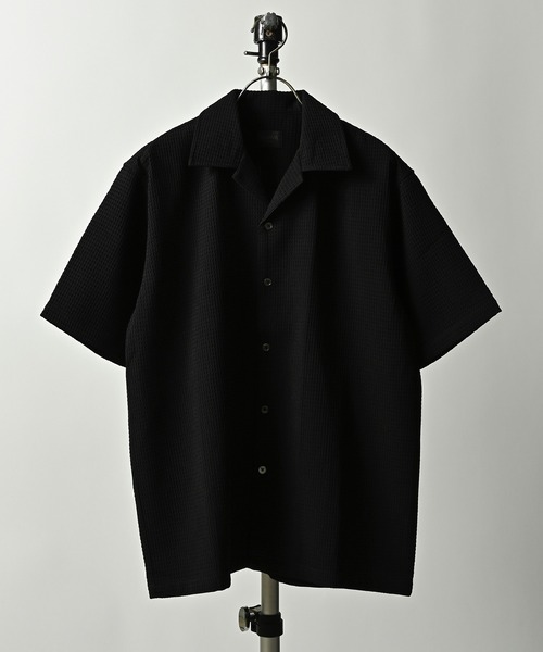 MMMM waffle open collar short sleeve shirt (BLK) 15001M24