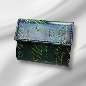 三つ折り財布 （緑系・文字入り）【 世界に1つだけ‼︎  本革・手染め・ミニ財布・男女兼用 ・大阪産・名入れ無料】