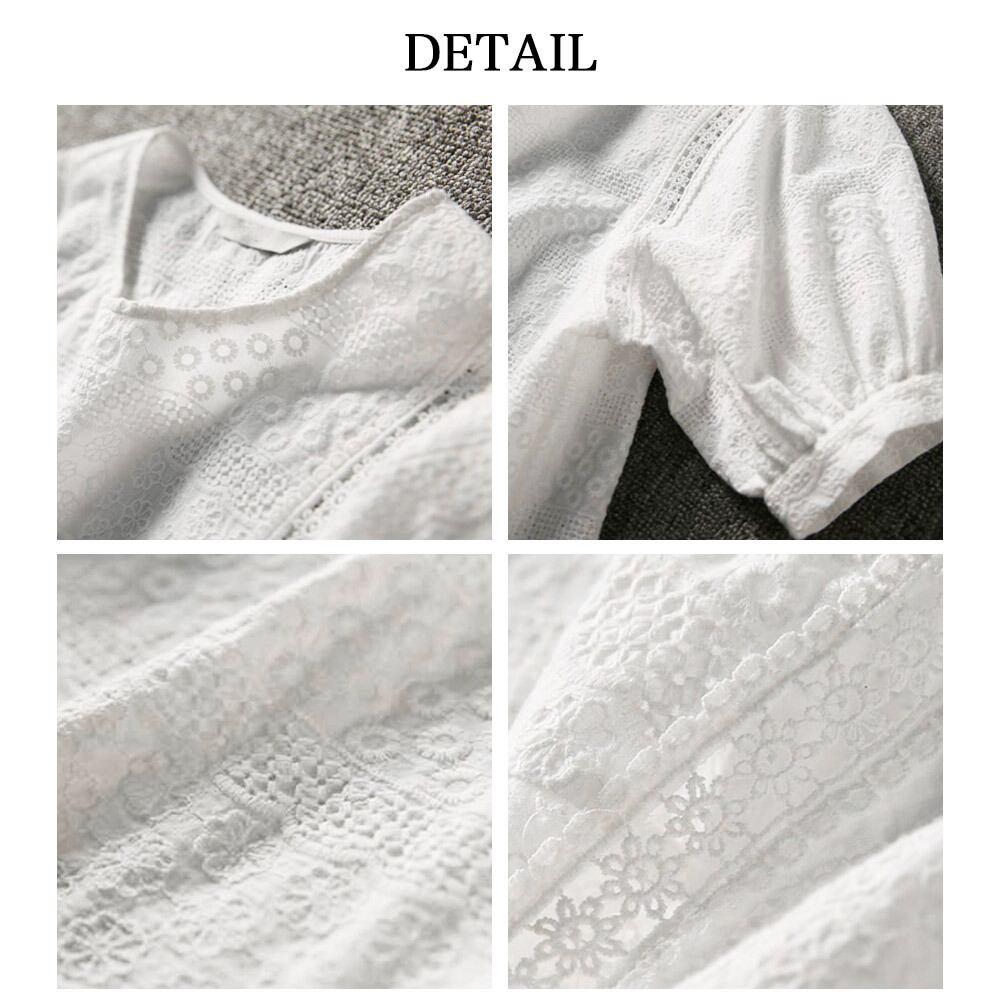 レース ブラウス レディース 春夏秋 韓国 パフスリーブ トップス 大人 かわいい きれいめ おしゃれ 花柄 刺繍 ホワイト 白 大人可愛い 大人女子
