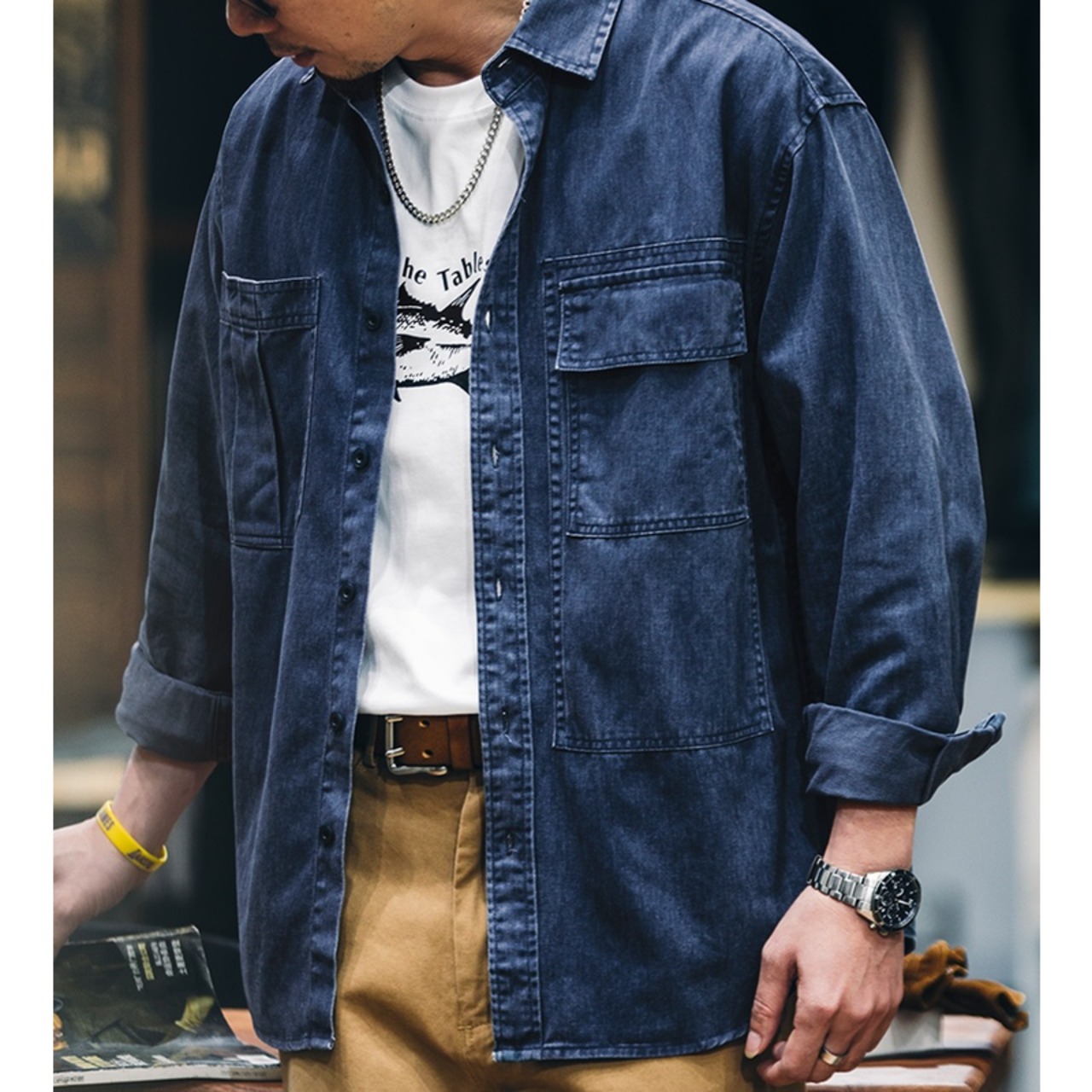 Flap Pocket Button-Down Long Sleeve Work Shirt ◇H0244