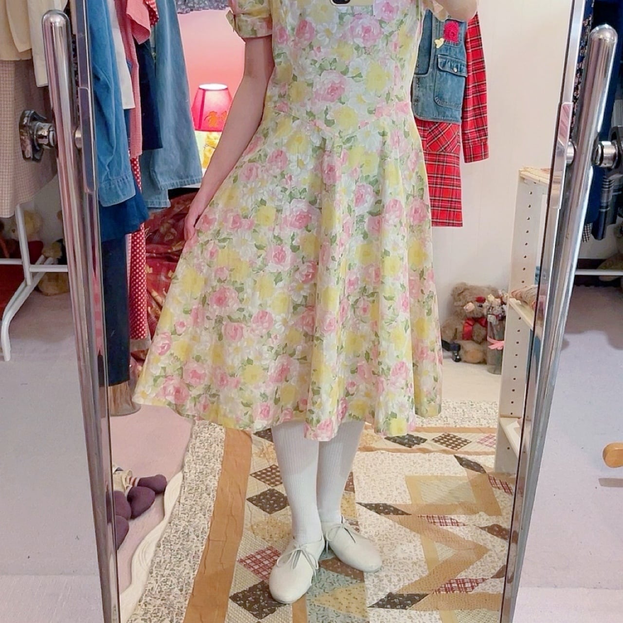 yellow pink flower ribbon sleeve one-piece