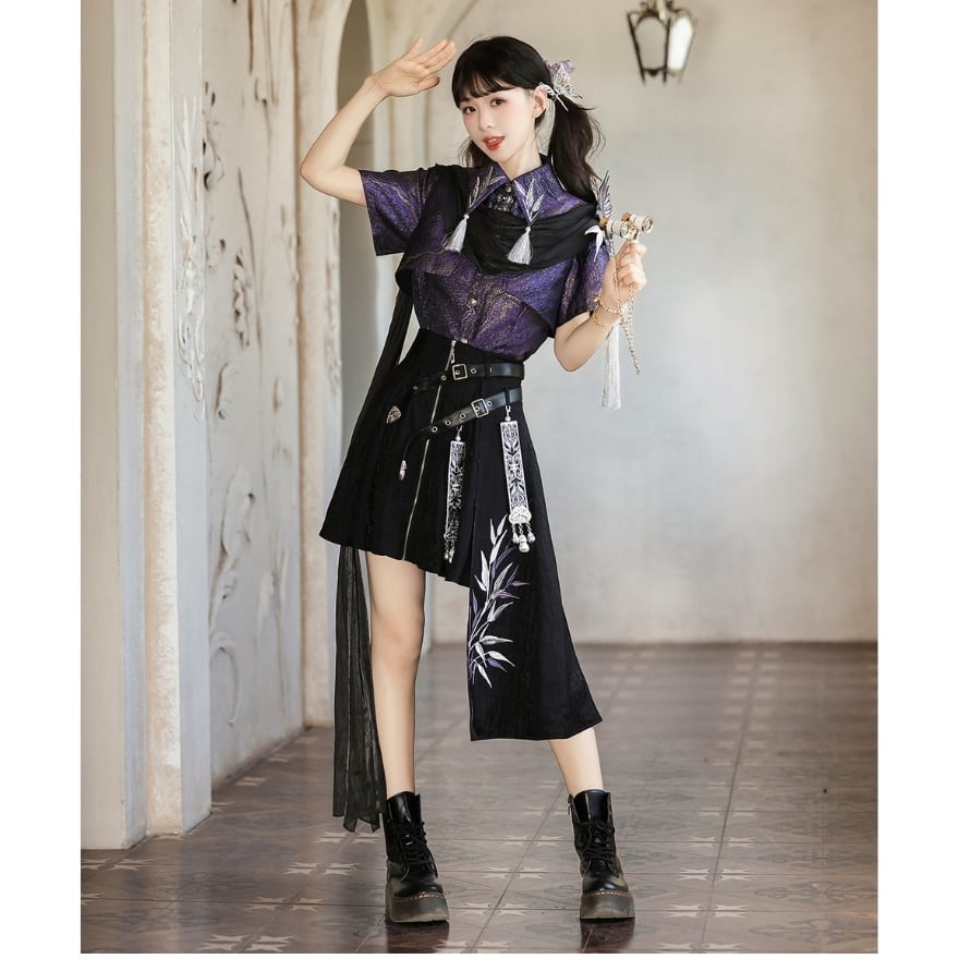 【蓮芽あや様】ロリータ衣装セット　Sサイズ 紫影を纏う夜蓮 ドレープ刺繍アシメベルト中華ロリータセットアップ