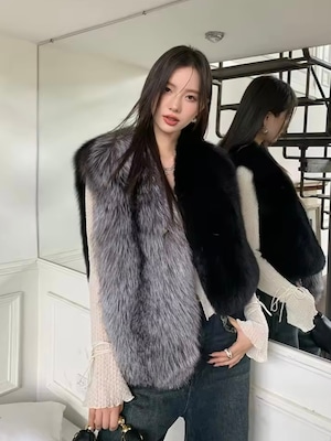 High-class fox fur vest/Blk《 即日発送 》