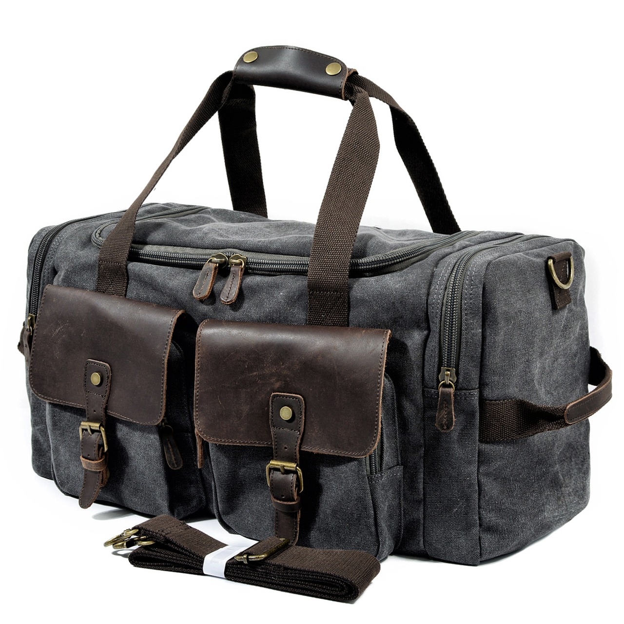 Canvas Leather Multi Pockets Boston Bag / キャンバス レザー マルチ ポケット ボストン バッグ