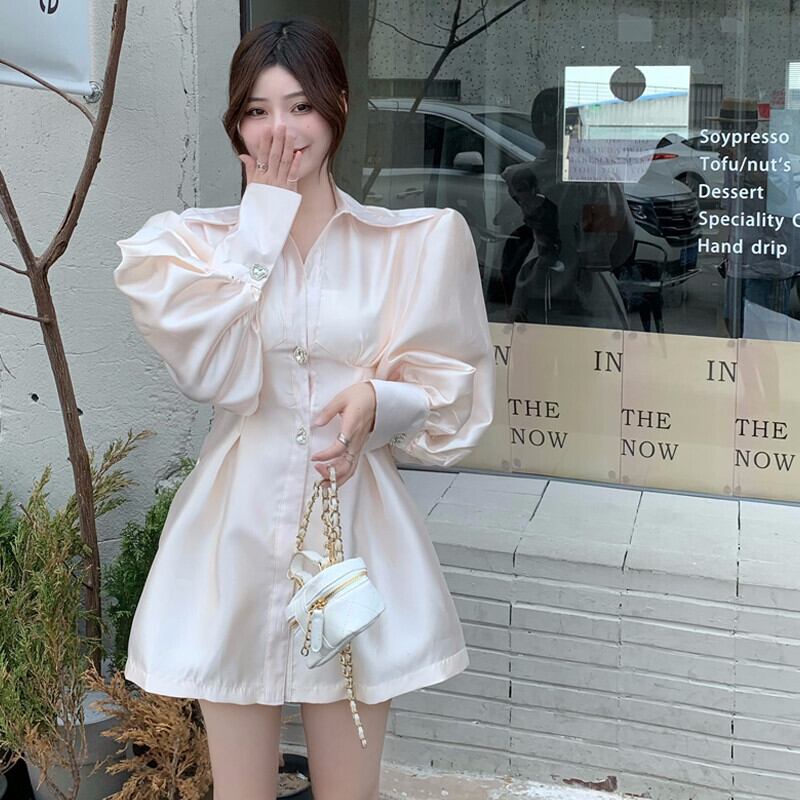 スタンダードウェストスリーブドレス オータムスタイルシャツ スカート ランタンスリーブ レトロ 秋物 ガールズファッション80097110846