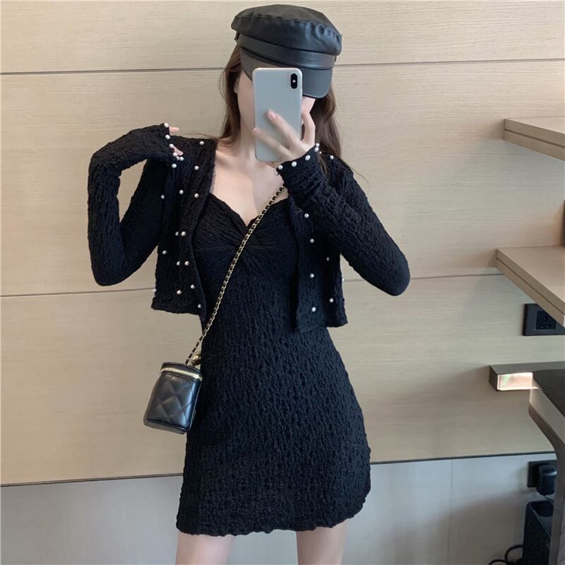 気質スーツ女性2020年秋新しいファッションセクシーなスリングドレスニットトップツーピーススーツ ブラックストロベリース83195758625