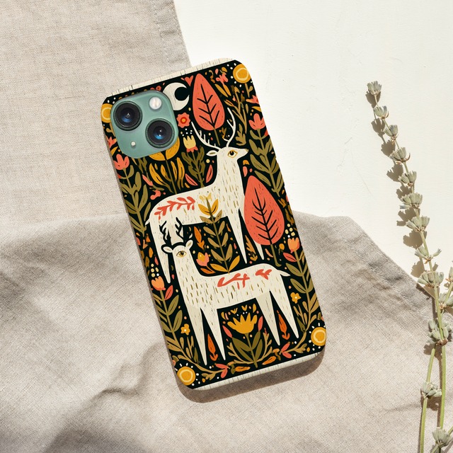 受注生産 iPhoneケース 白馬と花の民芸装飾｜動物モチーフ PSYF051A