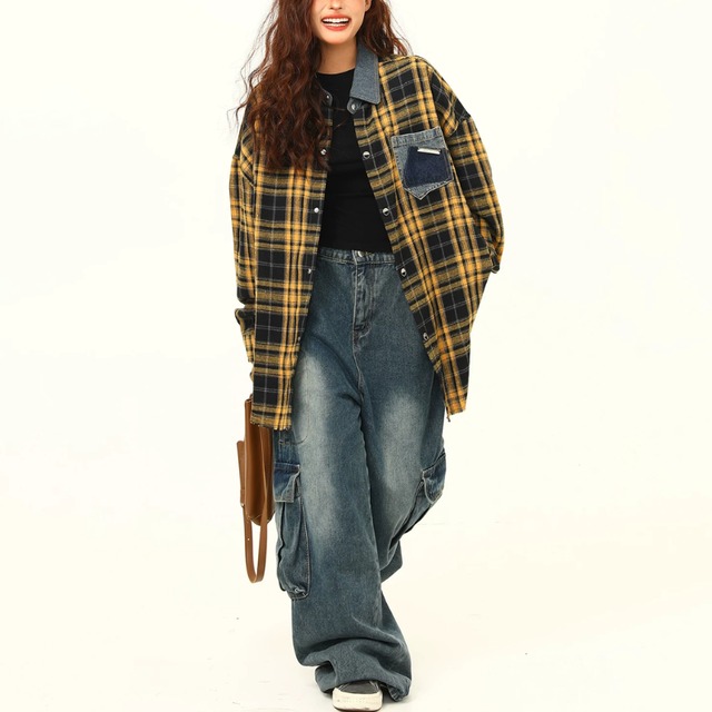 yellow check denim point shirt　イエローチェック柄デニムポイントシャツ　J2173
