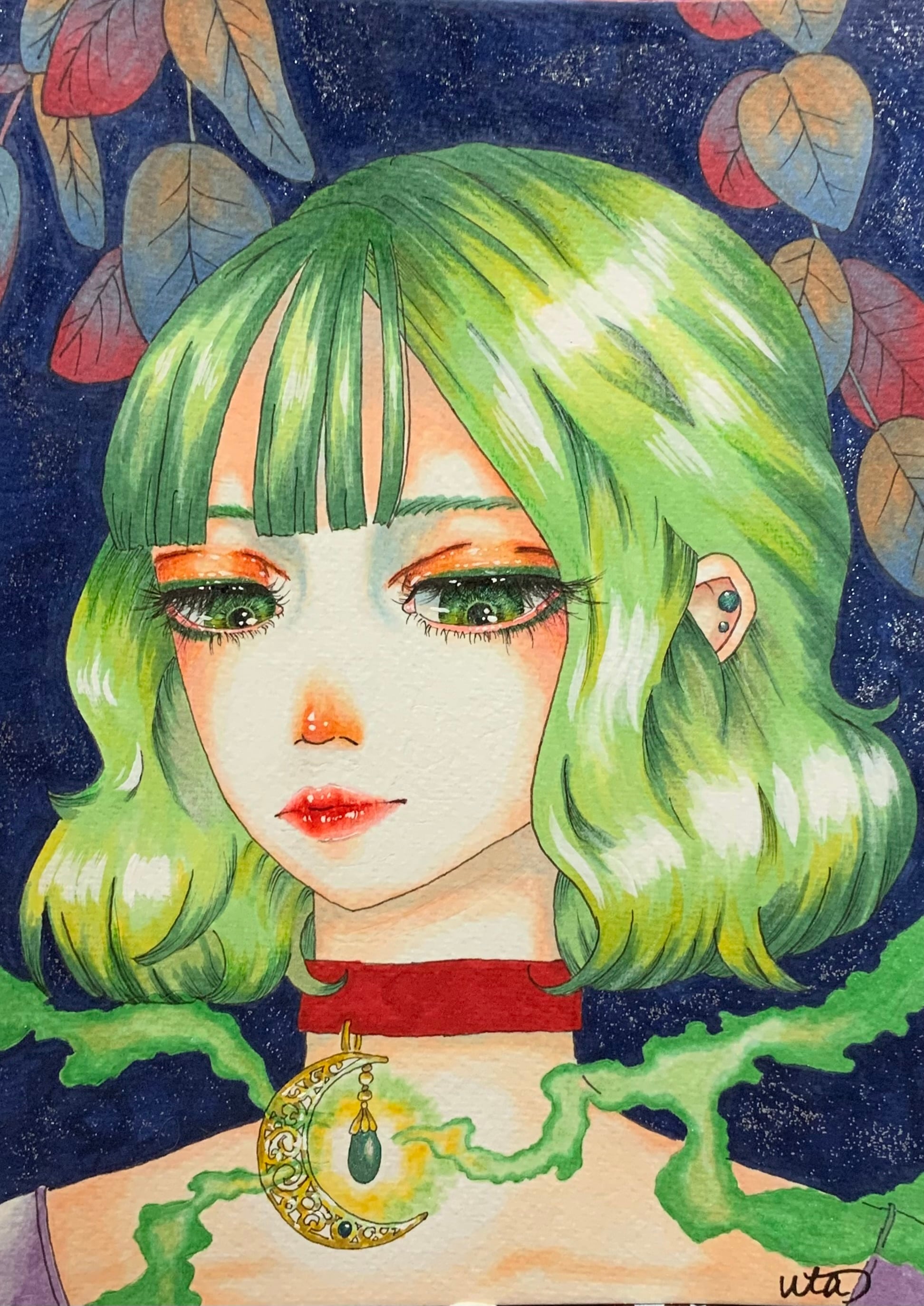 絵画　少女　水彩画 送料無料「緑の魔女」水彩画 | アトリエfraise