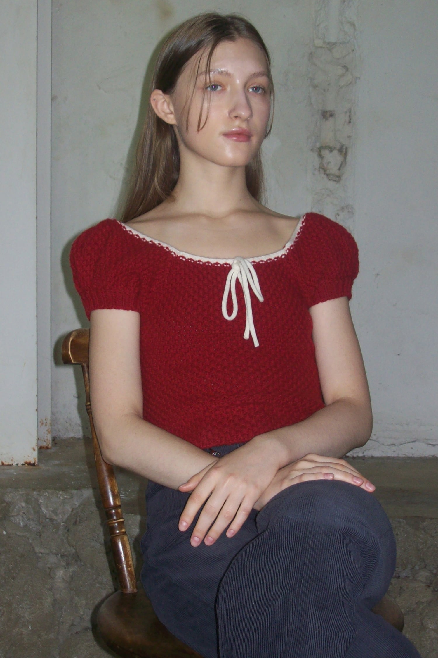 ☆LE SSERAFIM ウンチェ 着用！！【sinoon】PUFF HALF KNIT TOP (RED