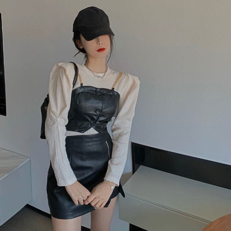 ニットセーター ショートカラーシャツ スプリングトップス 春物 ブラックストロベリース91111547640