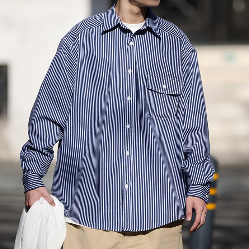 フラップポケットオーバーサイズストライプ長袖シャツ 00020