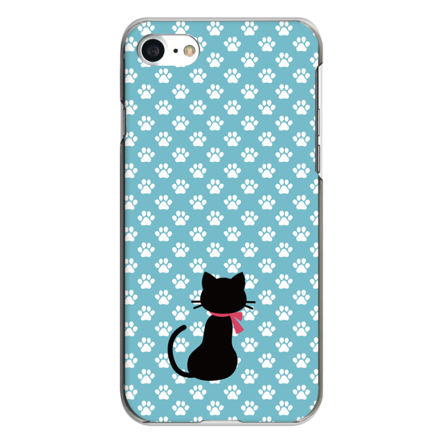iPhone対応 スマホ ハードケース クリア 黒ネコと足跡-ブルーD 猫 ドット 【iPhone17 / iPhone16e / AQUOS / Xperia  他 iPhone / Android ほぼ全機種対応】 |ctftd061