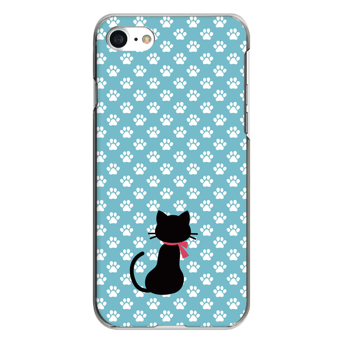 iPhone対応 スマホ ハードケース クリア 黒ネコと足跡-ブルーD 猫 ドット 【iPhone17 / iPhone16e / AQUOS / Xperia 他 iPhone / Android ほぼ全機種対応】 |ctftd061