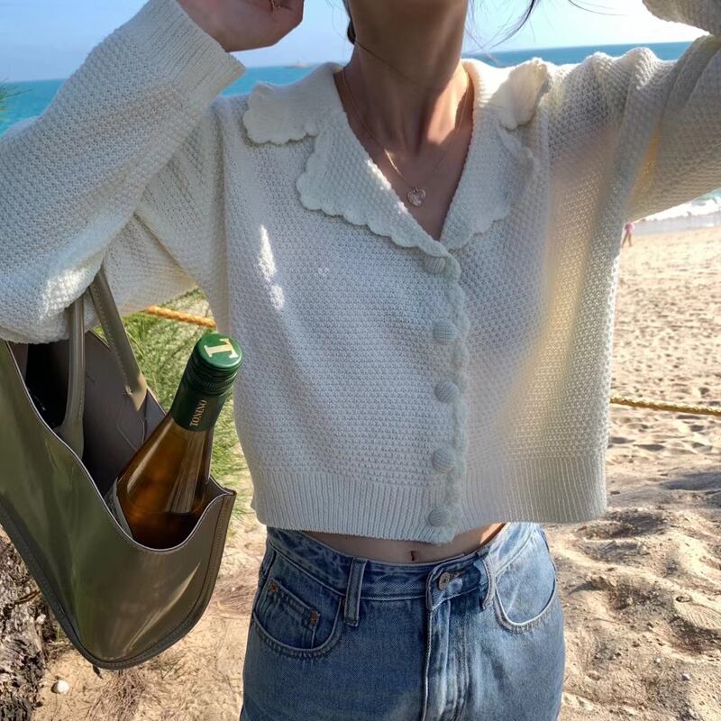 スタンダードニット ボタンショートカーディガントップス レディーススプリング レトロ 春物 ビッグFスモールZ韓国20276749919