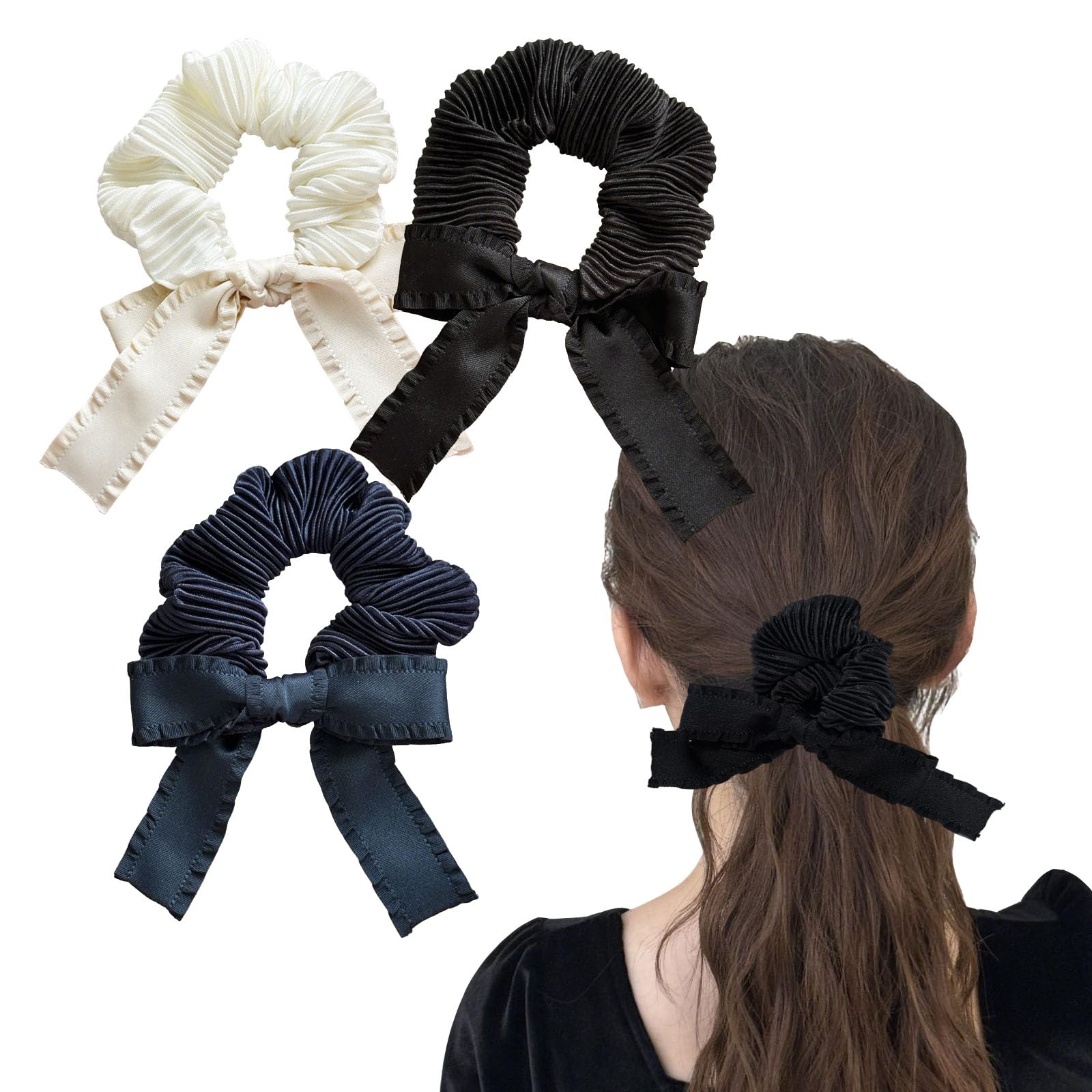 【在庫のみ】shefun リボンシュシュ 黒 ベージュ 紺 3個セット シュシュ リボン フリル ヘアリボン 蝶結び おしゃれ 大人 ヘアアクセ レディース ヘアアクセサリー JP314