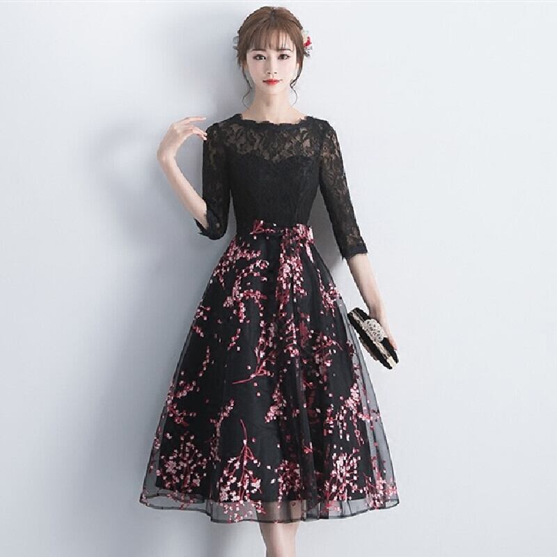 ワンピース レース 成人式 パーティードレス Aライン 黒 花柄 エレガント スウィート ブラック S M L Ll 3l Dresszone