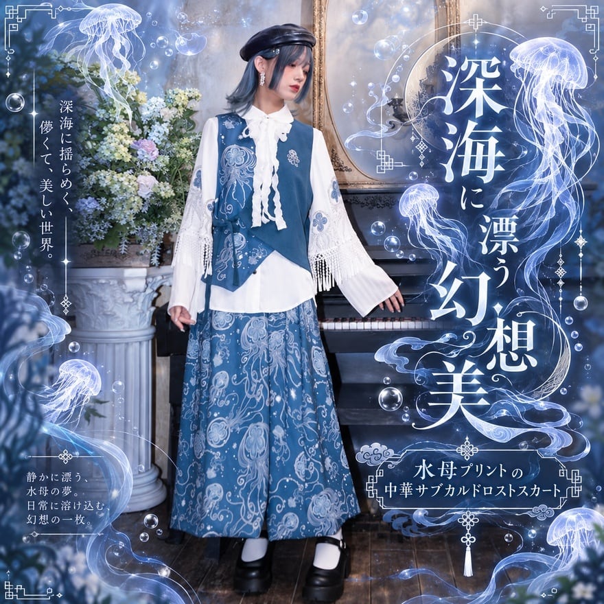 深海に漂う幻想美 水母プリントの中華サブカルドロストスカート