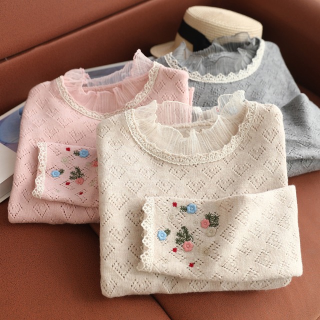 中空ニットお花刺繍プルオーバーシャツ W1076
