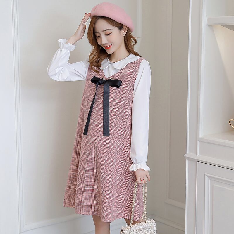 【新作】【送料無料】 マタニティウェア2020秋冬の新しいファッションドールカラートップ+チェック柄ミドル丈ベストスカート妊婦ツーピースセット-アリババ オータム 秋物 ウィンター 冬物 expec299053229516