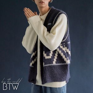 【韓国メンズファッション】ベスト Vネック カジュアル 幾何学模様 前開き おでかけ レトロ BW1926
