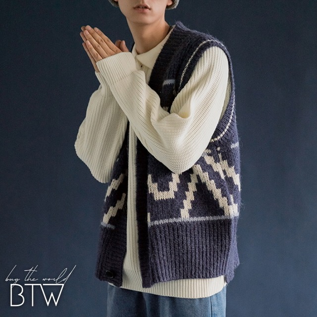 【韓国メンズファッション】ベスト Vネック カジュアル 幾何学模様 前開き おでかけ レトロ BW1926