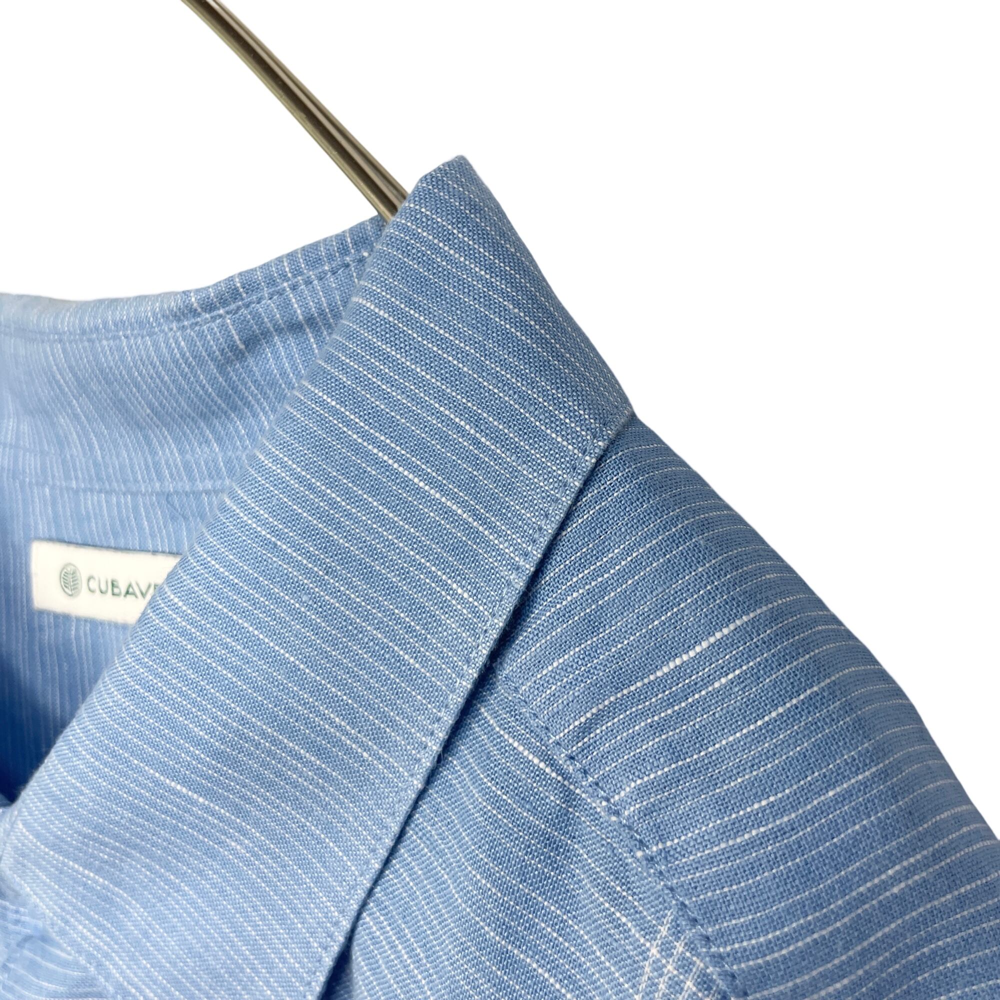 人気カラー】キューバシャツ ラインパターン 水色 ブルー ビッグサイズ 2X 古着屋 PENPENII