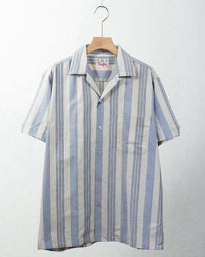 vintage stripe patterned open collar cotton short sleeve shirt / DEAD STOCK