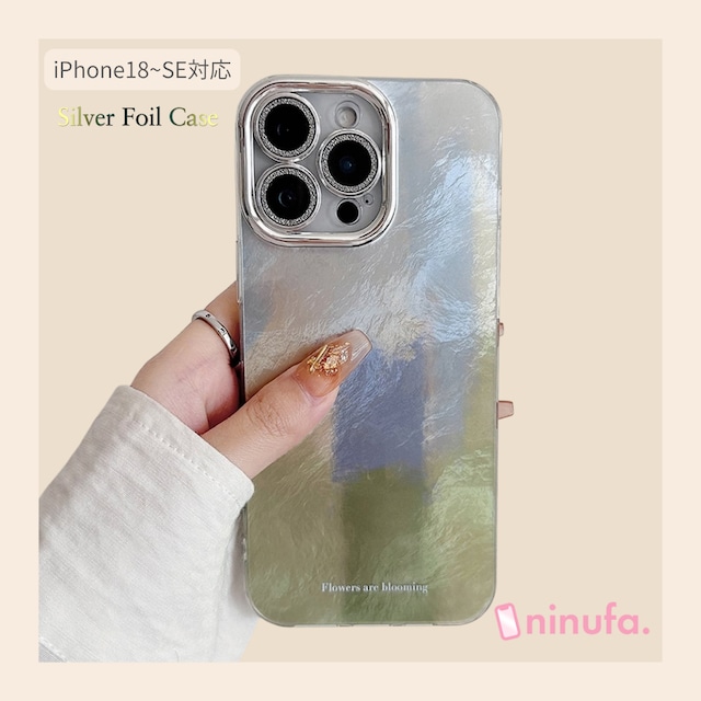 【iPhone18-11対応】美しいシルバーフォレスト◎レンズ全保護 韓国ケース おしゃれ グリーン 銀箔デザイン スマホケース ND-16492