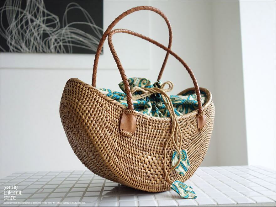 かごバッグ アタバッグKE11 巾着バッグ 籠バッグ 浴衣や夏着物に似合います ハンドバッグ 夏バッグ イカット生地 和装 手づくり 自然素材