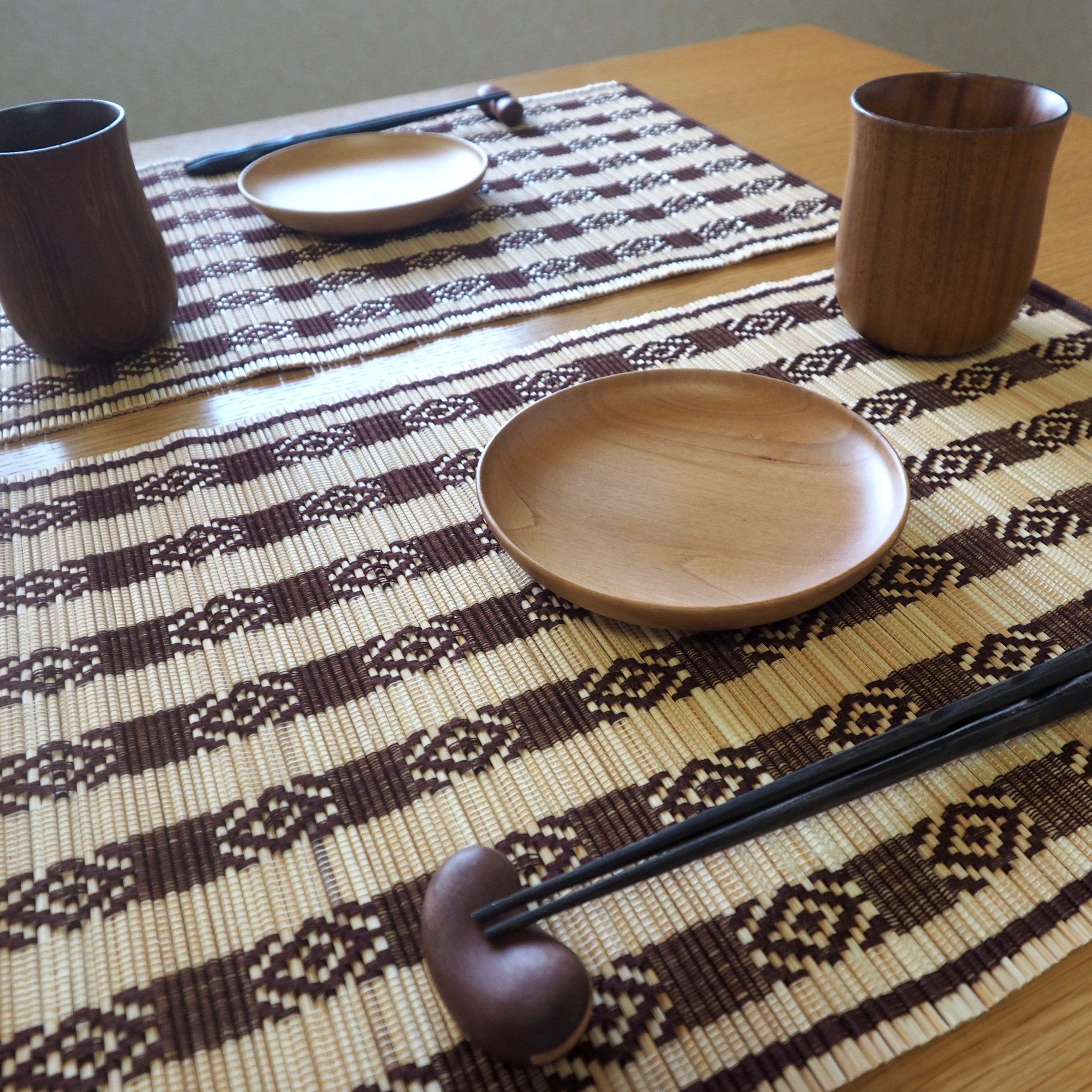 ★☆竹製手編みランチョンマット2枚セット(日本製/未使用品) 竹編み風縦縞模様の和風ランチョンマット 和風|ランチョンマット専門