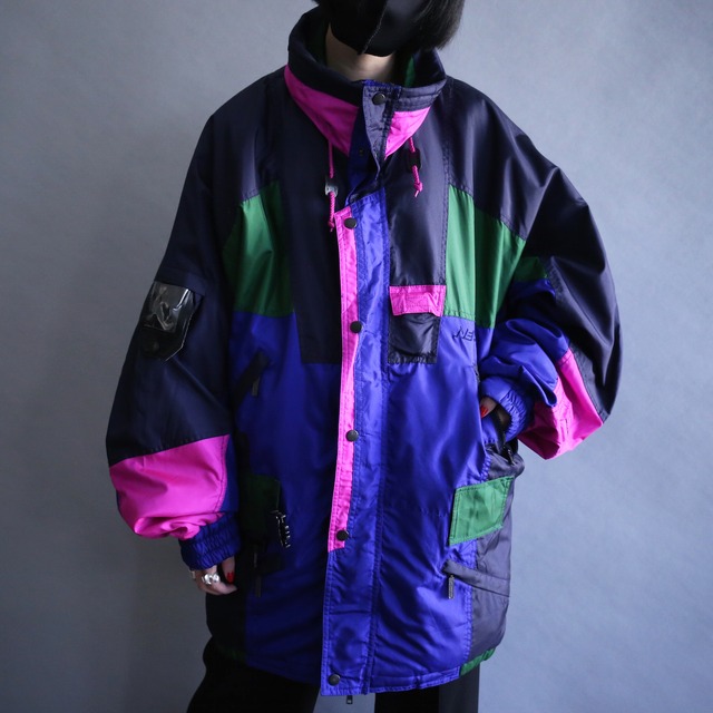 psychedelic coloring multi gimmick design over silhouette mountain jacket