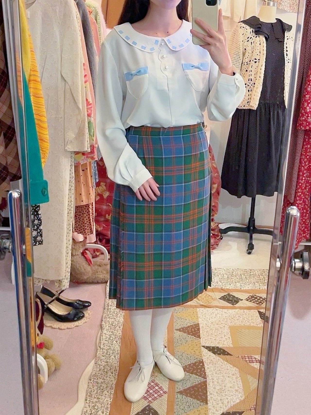 light blue ribbon white blouse