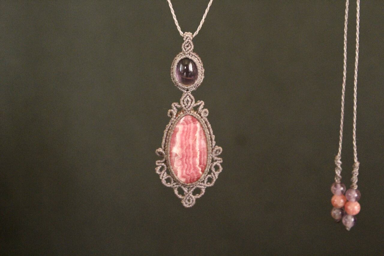 Rhodochrosite & Amethyst micro macrame pendant
