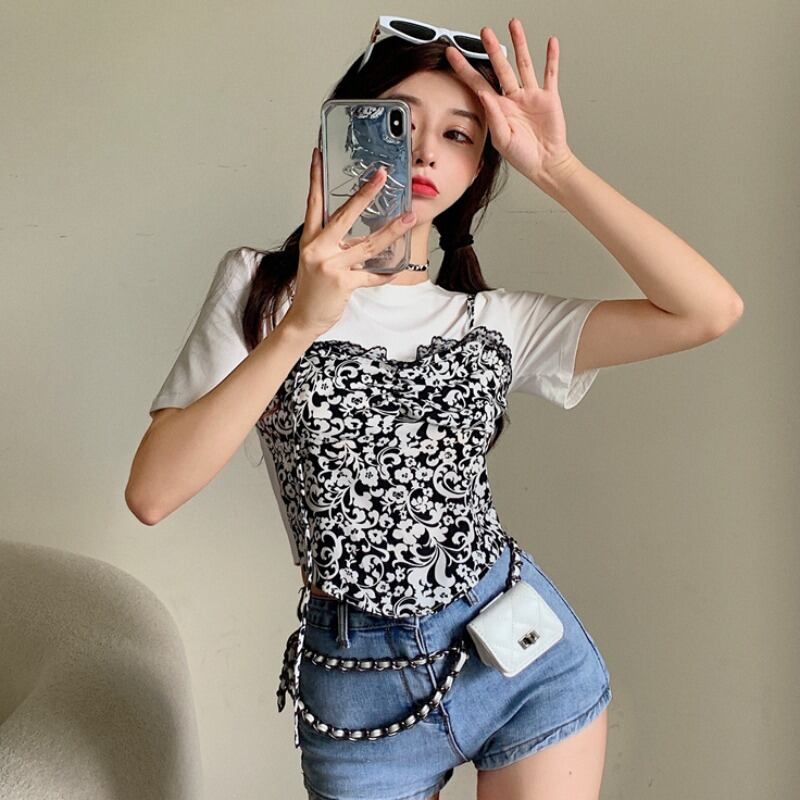 ホワイトショートTシャツ レディースサマースタイルスリムフローラルトップス 夏物 花柄 ハンチェンe87070620276