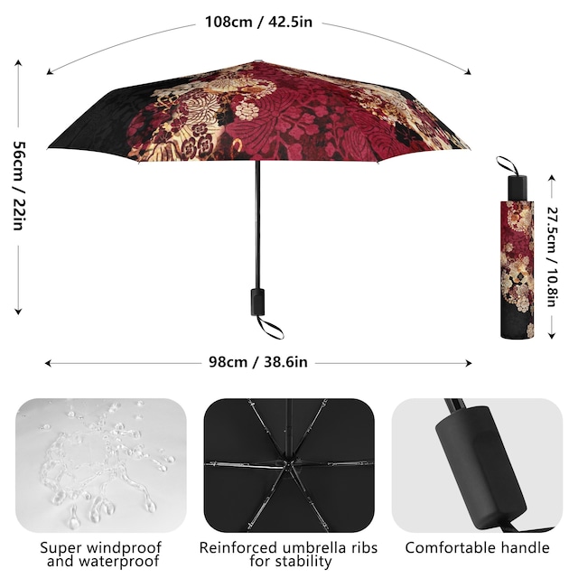 家紋装飾　黒紅　和柄折り畳み傘