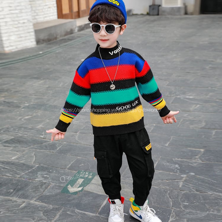 90 140 ニット トップス カラフル セーター レインボー ハイネック 男の子 韓国子供服 子供服 キッズ Q Toworld キュートワールド 子供服