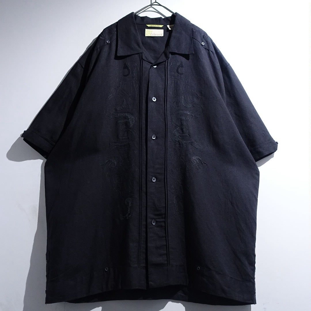 "Cubavera" Black Embroidery Linen & Rayon Open Collar Shirt