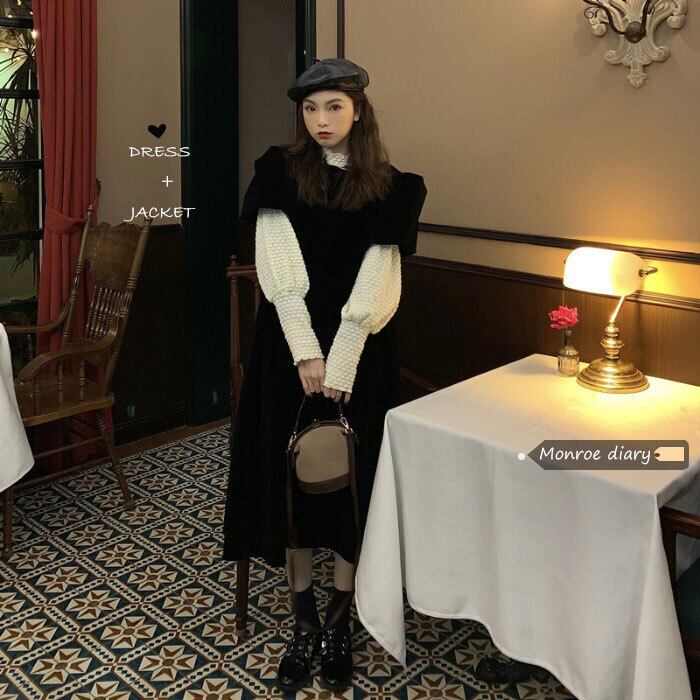 スタンダードスタイルベルベットドレス スカート ブラックウェスト レトロ モンロー96017059589