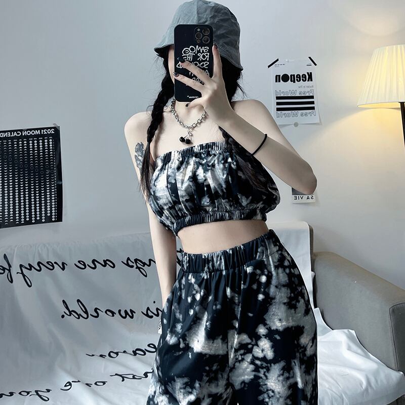 ダークサマープリントトップス ルーズワイドレッグパンツ かわいい 夏物 ワイドパンツ ケッペル25981517811