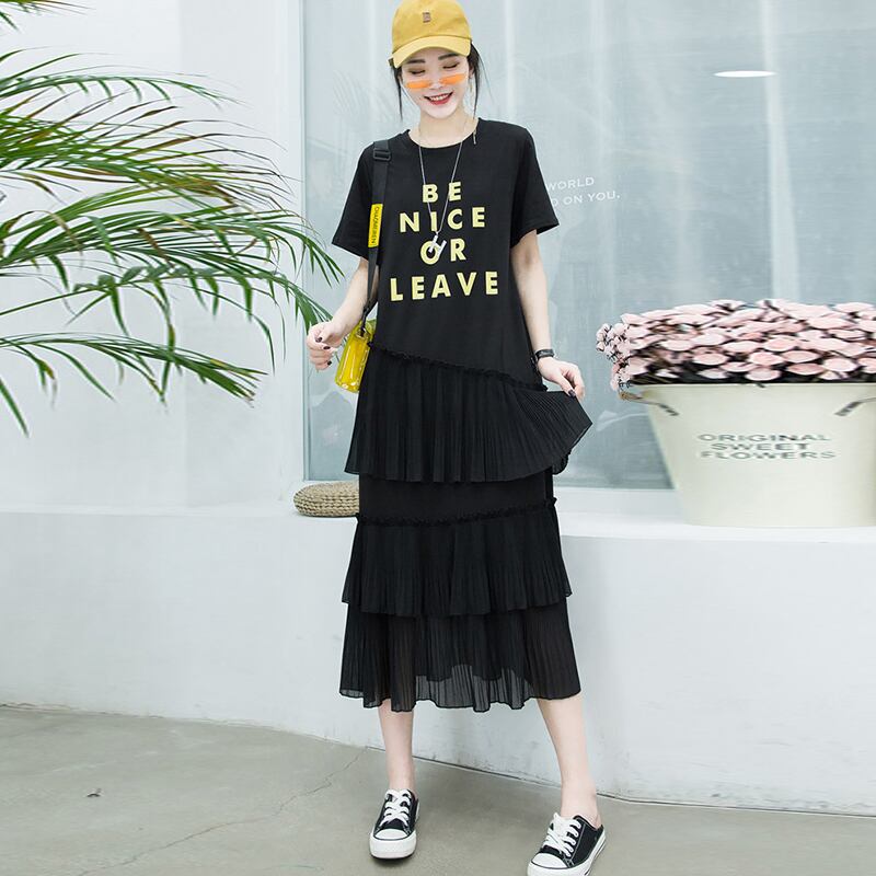 スプリングドレス プリント 大きめサイズ 春物 ミックスインファッション19113979458