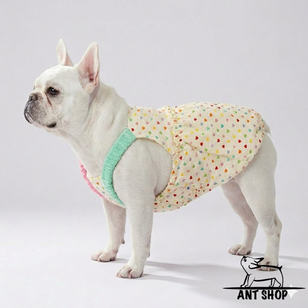 犬服 No.176 ハートチョコ色わんぴ(うさちゃん付き) ハンドメイド 人気再入荷 犬服 フレンチブルドッグ ハート柄 ワンピース カラフル