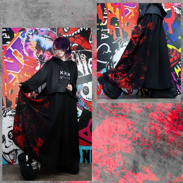 彼岸花DESIGNフラップ付きワイドパンツ