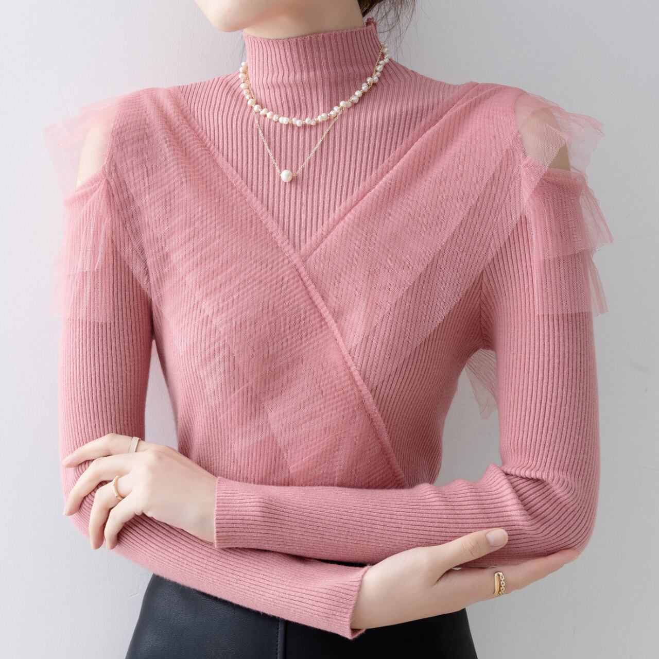 タートルネック シアー カットアウト トップス-ピンク