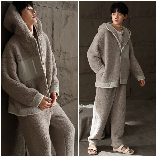 【予約販売】メンズ セットアップ 上下 長袖 フーディー もこもこ パーカー ベージュ ルーズ 男前 スエット 韓国 パンツ セット ジム カジュアル 部屋着 リラックス ルームウエア パジャマ 韓国 トレンド 大きいサイズ L/XL/2XL