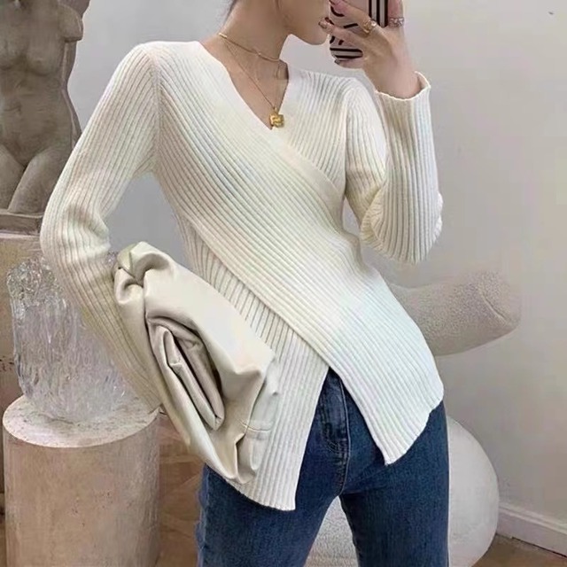長袖  Vネック オフショルダー セーター