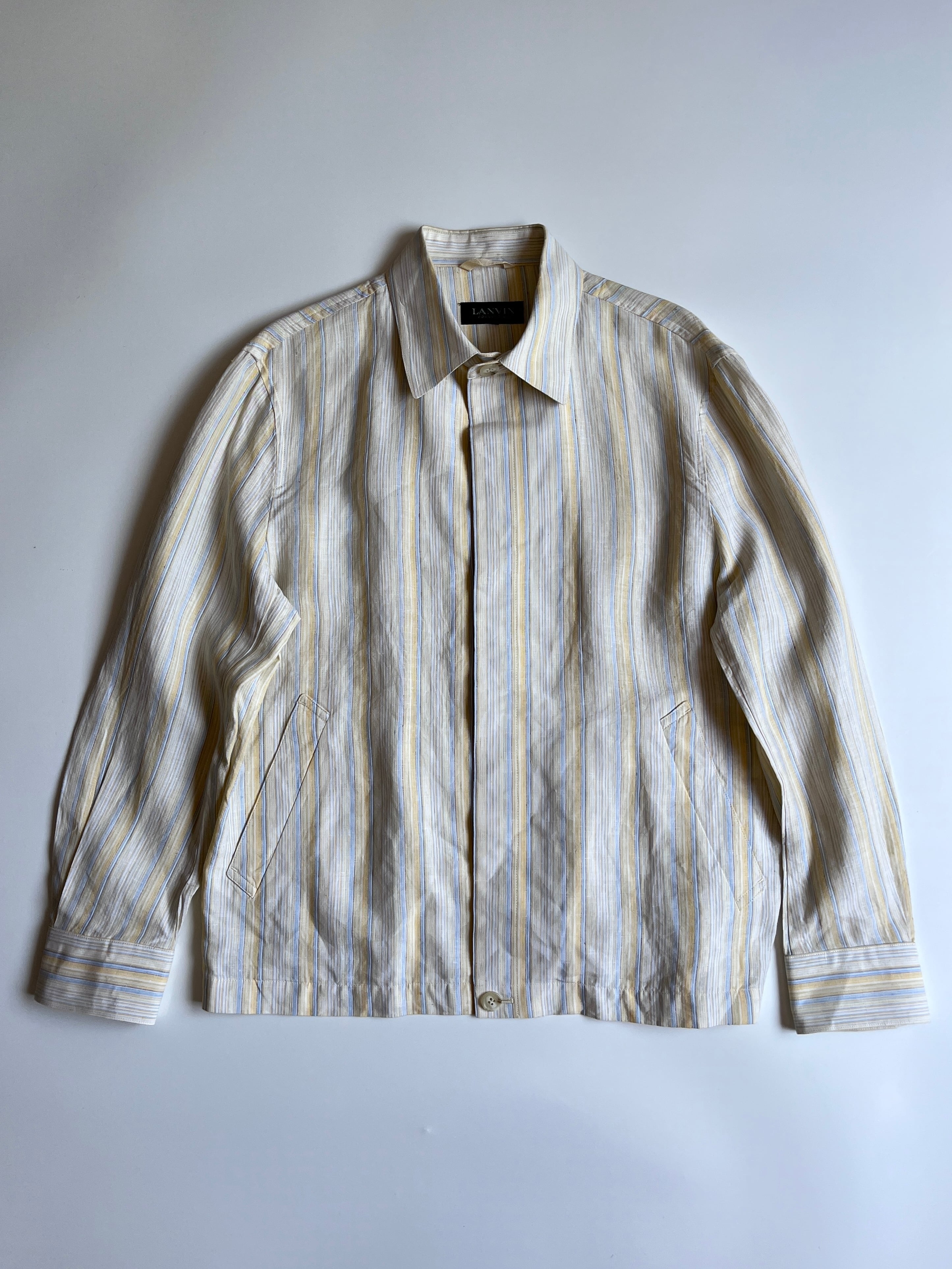 ランバンコレクション LANVIN COLLECTION リネンコットン マルチストライプ 比翼 ブルゾン|イエロー×ライトブルー|50|美品 日本製