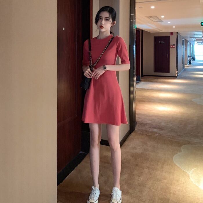 ラウンドネックウエストスリミングAラインスカートレディース2020年初春新バージョン無地ハイウエストスリムワンピース 1号婦人69308757628